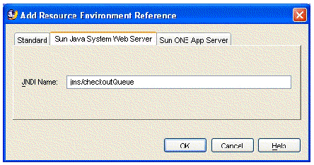 Screenshot of the web module Add Resource Environment Reference dialog's Sun Java System App Server tab. The JNDI Name field has the value jms/CheckoutQueue. Screenshot of the web module Add Resource Environment Reference dialog's Sun Java System App Server tab. The JNDI Name field has the value jms/CheckoutQueue.