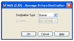 Screenshot of the message-driven bean's Message-Driven Destination property editor. The Destination Type property is set to Queue. Screenshot of the message-driven bean's Message-Driven Destination property editor. The Destination Type property is set to Queue.