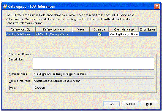 Screenshot of the application node's EJB references property editor with an unlinked reference.