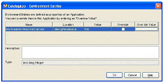 Screenshot of J2EE application property sheet showing the initial value set in module property sheet.