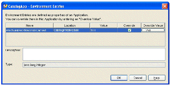 Screenshot of J2EE application property sheet showing an override value.