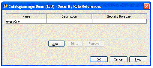 Screenshot of the enterprise bean's Security Role Reference property editor. One line of data, with Name set to everyOne. Other fields blank. Screenshot of the enterprise bean's Security Role Reference property editor. One line of data, with Name set to everyOne. Other fields blank.