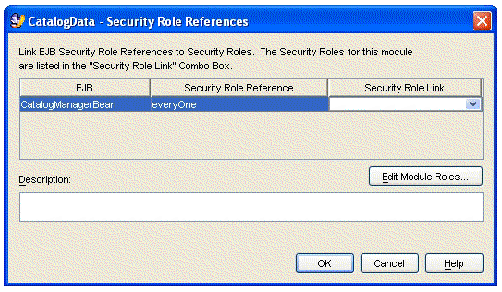 Screenshot of the EJB module's Security Role References property editor.