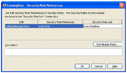 Screenshot of the EJB module's Security Role Reference property editor with linked reference. 