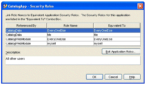 Screenshot of the J2EE application's Security Roles property editor. 