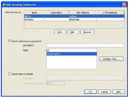 Screenshot of web module's Add Security Constraints dialog box. 