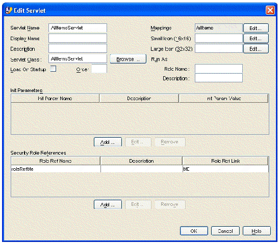 Screenshot of web module's Edit Servlet dialog, showing values for AllItemsServlet and a new mapping for roleRefMe.