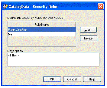 Screenshot of EJB module's Security Roles property editor. Two lines of data appear in the Role Name field, EveryoneElse, and Me. Screenshot of EJB module's Security Roles property editor. Two lines of data appear in the Role Name field, EveryoneElse, and Me.