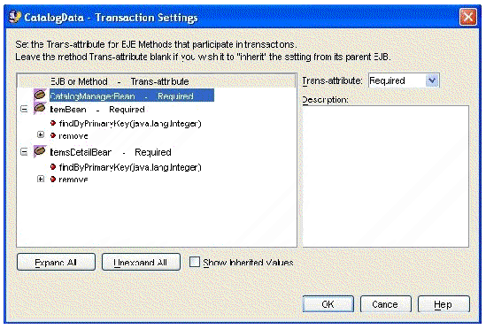 Screenshot of the EJB module's Transaction Attribute property editor with default values.