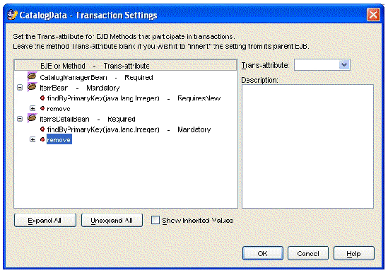 Screenshot of the EJB module's Transaction Settings property editor with the modified settings.