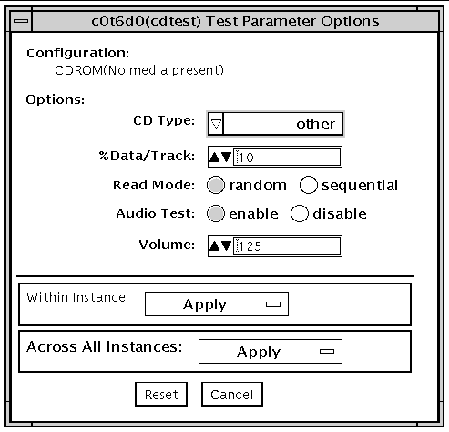 Screenshot of the cdtest Test Parameter Options dialog box.