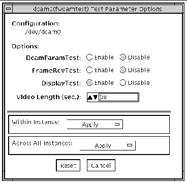 Screenshot of the fwcamtest Test Parameter Options dialog box.