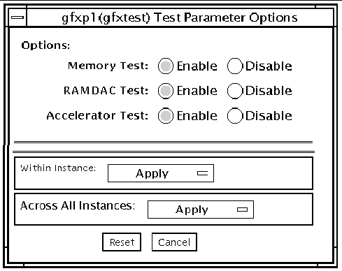 Screenshot of the gfxtest Test Parameter Options dialog box.