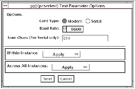 Screenshot of the pcsertest Test Parameter Options dialog box.