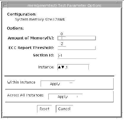 Screenshot of the pmemtest Test Parameter Options dialog box.