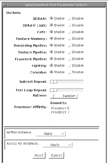 Screenshot of the afbtest Test Parameter Options dialog box.