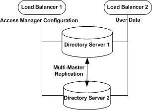 Load Balancer 1 handles requests for Access Manager
configuration data. Load Balancer 2 handles all requests for user
data.