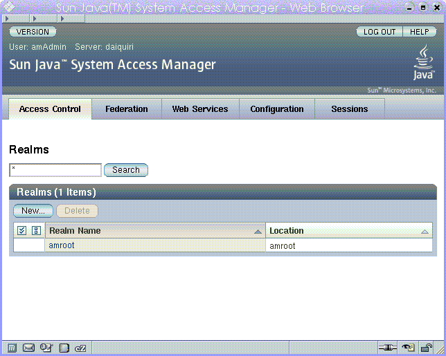 Access Manager Console, Realms mode administration
view