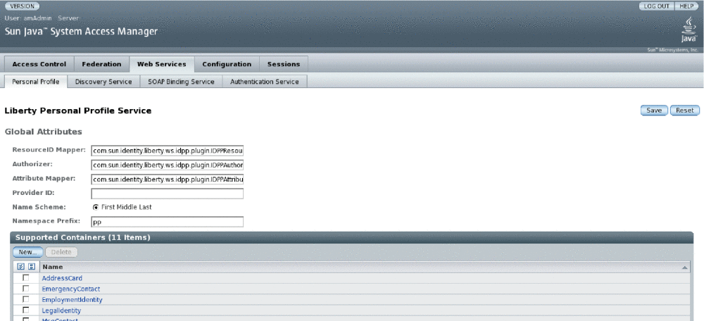 Screen shot of the Web Services interface in Access Manager Console.