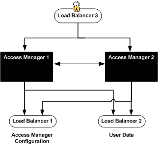 Load Balancer 3 handles all requests for Access
Manager. Access Manager 1 and Access Manager 2 themselves access the
Directory Server load balancers.