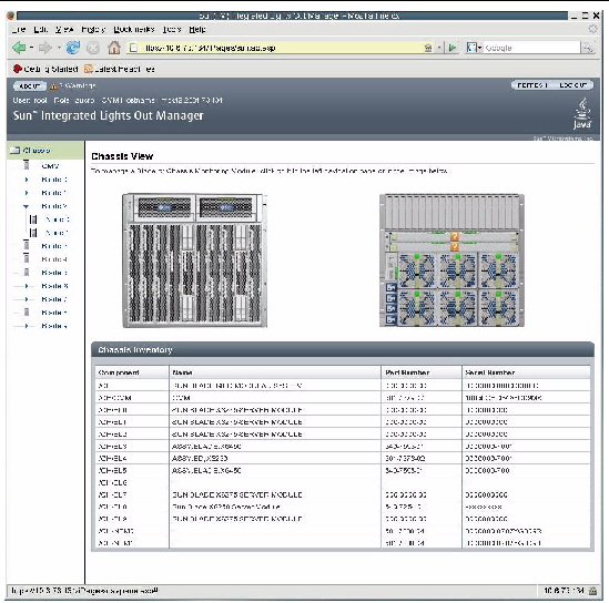 Picture showing CMM ILOM Chassis View with Sun Blade X6275 server modules.