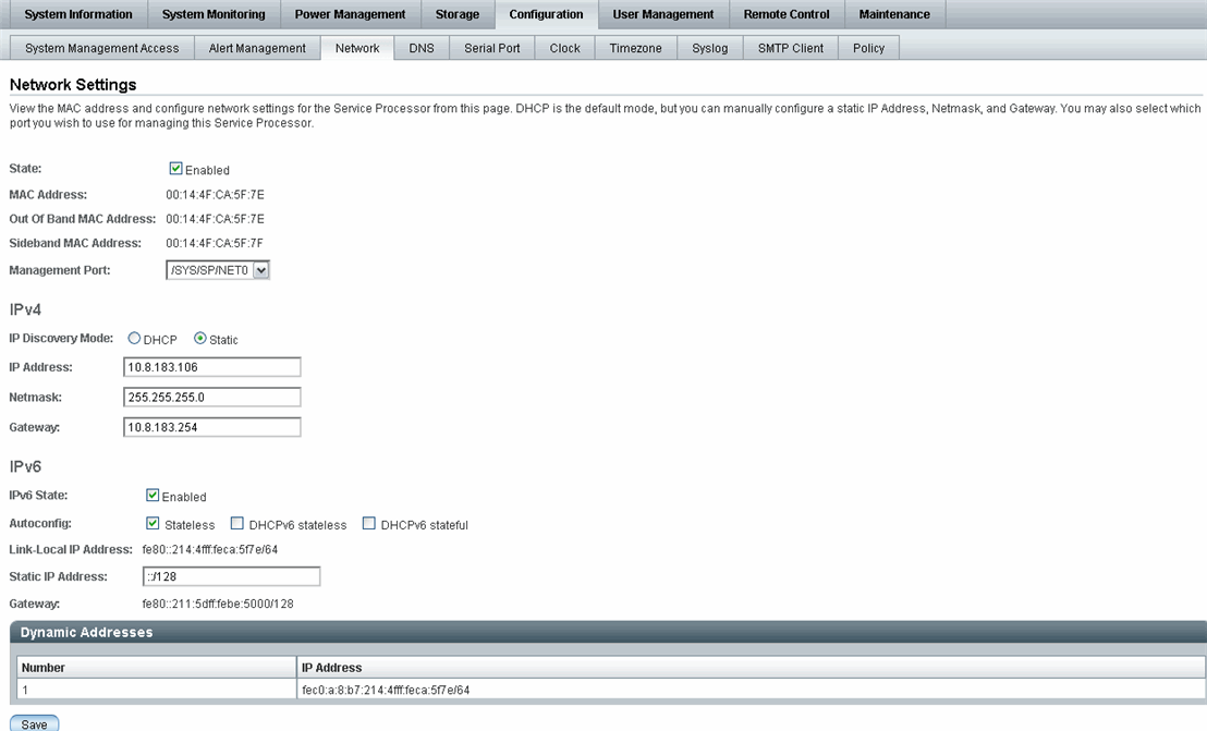 Illustration showing the ILOM SP network settings for IPv4 and IPv6.