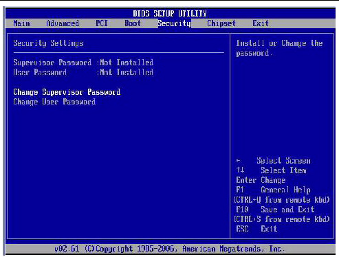 Figure showing BIOS Setup Utility: Security - Security Settings.