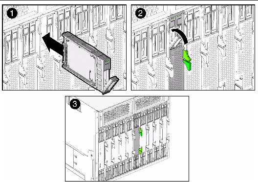 Figure showing the installation of a drive to a server installed in chassis.