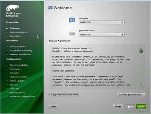 Welcome screen with language and license