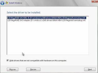 HBA option selection of LSI MegaRAID SAS 9261-8i driver to be installed dialog