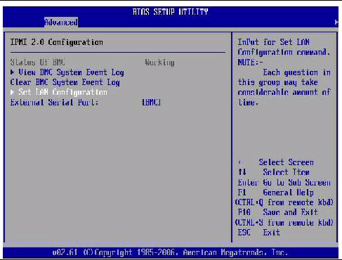 Graphic showing BIOS Setup utility: Advanced - IPMI configuration.