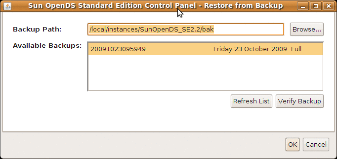 Figure shows the Restore from Backup window of the Control Panel.