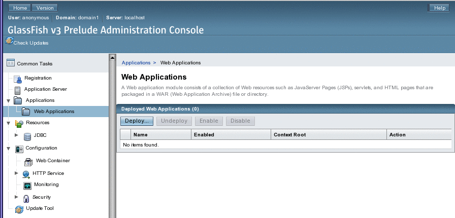 Figure shows the Glassfish Web Applications page
