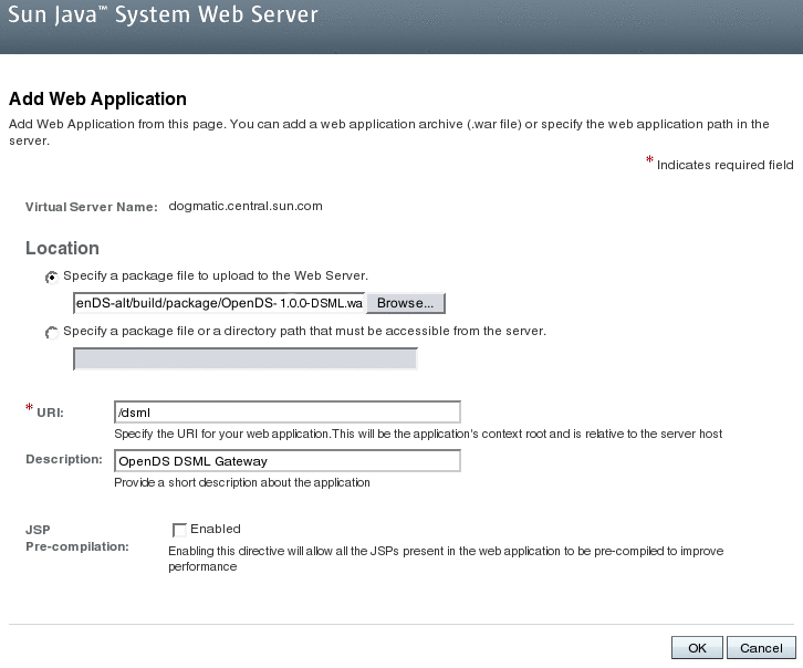 Figure shows the Add Web Application page of the Sun Java System Web Server 7