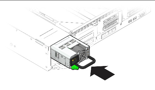 Figure showing how to install a power supply on the Sun Fire X4270 and X4275 Servers.
