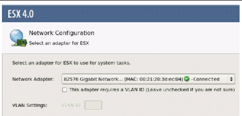 Graphic showing the VMware Network Configuration Dialog (screen 1).