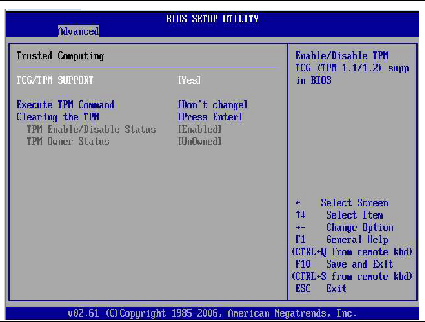 Graphic showing BIOS Setup Utility: Advanced - Trusted Computing configuration.