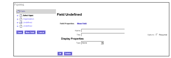 Use the Field Properties and Move Field tabs to create a new field element for your form.