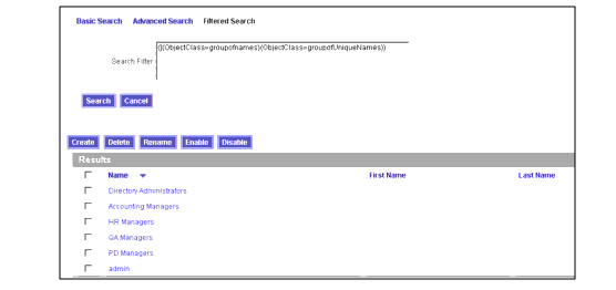 Example results: Using a filtered search to search for all groups in the directory.