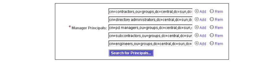 Use the Manager Principals text boxes and the Search for Principals button to specify principals for the new role.