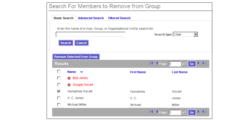 Use this Search page to locate members you want to remove from a group.
