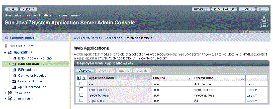 Screen capture of the Application Server Admin Console showing the deployed RFID Event Manager web applications in the left pane.