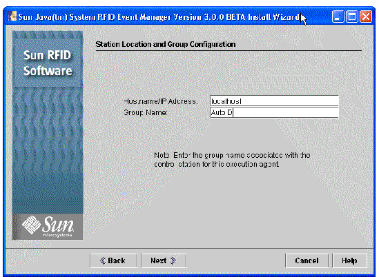 Screen capture of the Station Location and Group Configuration panel. Buttons are Back, Next, Cancel and Help.