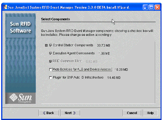 Screen capture showing Component Selection panel that appears during custom installation of the RFID Event Manager. Buttons are Back, Next, Cancel, Help.
