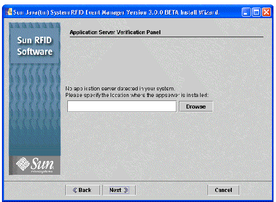Screen capture showing the Application Server Verification panel. Buttons are Browse, Back, Next, and Cancel