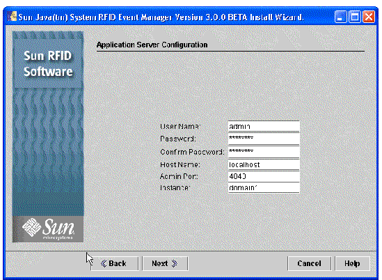 Screen capture showing Application Server Configuration panel. Data fields are User Name, Password, Confirm Password, Host Name, Admin Port, Intance. Buttons are Back, Next, Cancel, and Help.