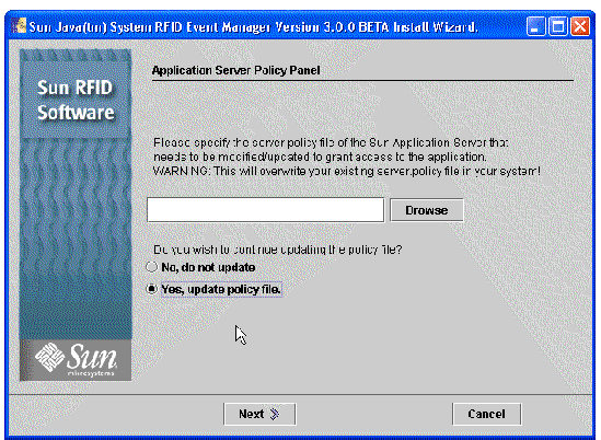 Screen capture of Application Server Policy Panel showing the option to have the installer update the policy file. Yes, is preselected. Buttons are Browse, Next, and Cancel.
