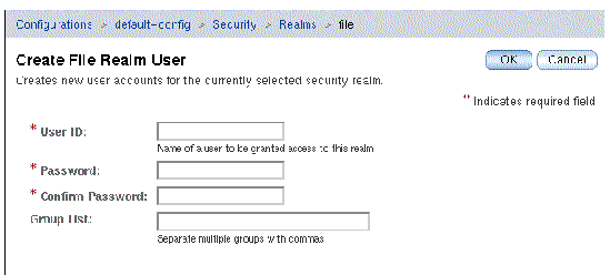 Screen capture showing the Application Server Create File Realm User dialog box. Fields are User ID, Password, Confirm Password, Group List. Buttons are OK and Cancel.