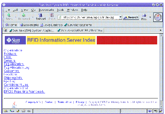 Screen capture of the RFID Information Server Index page. 