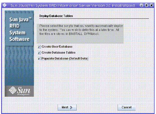 Screen capture showing a sampe Deploy Database Tables panel.